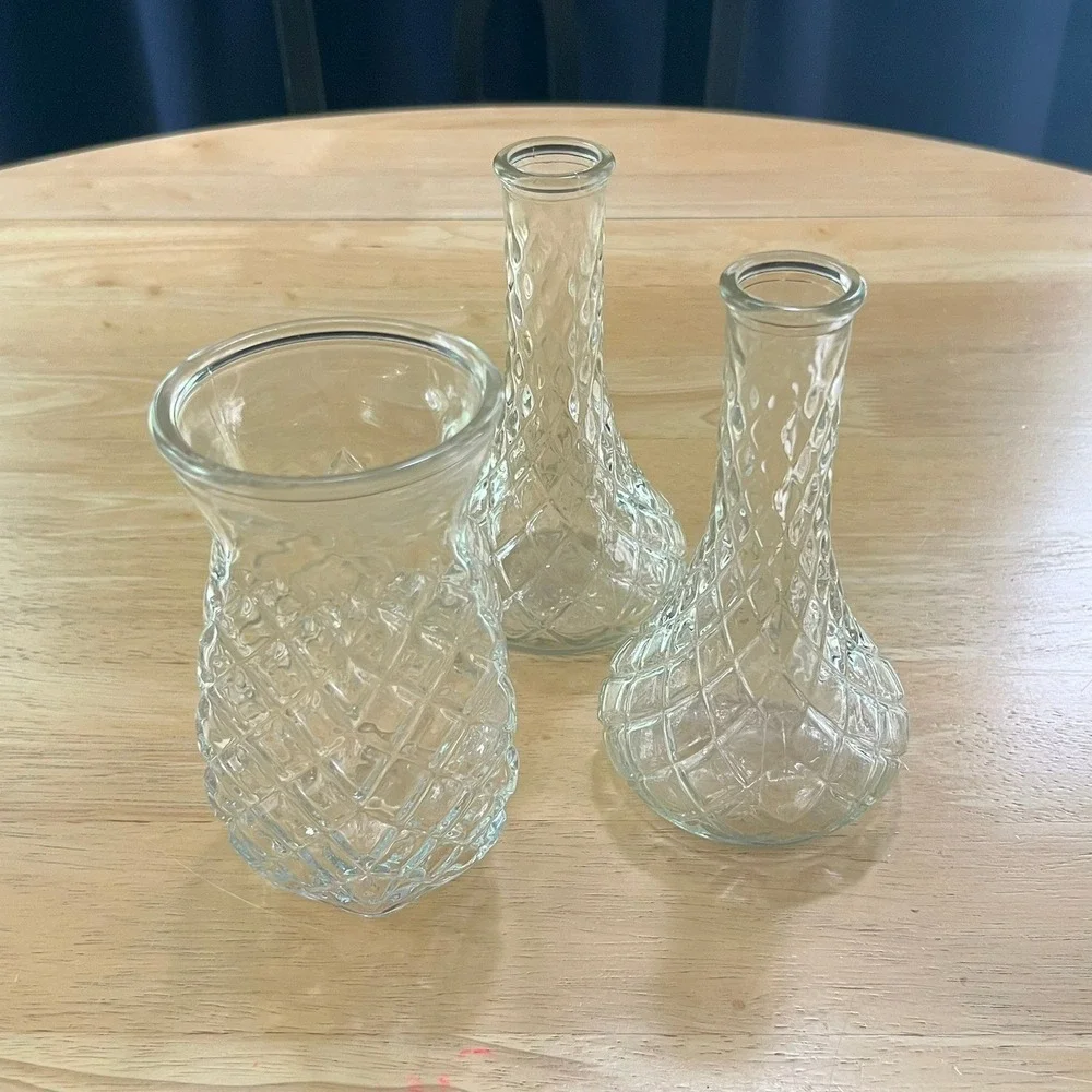 Vintage Clear Pressed Glass Bud Vase Set Diamond Quilted Pattern Trio 3 Piece